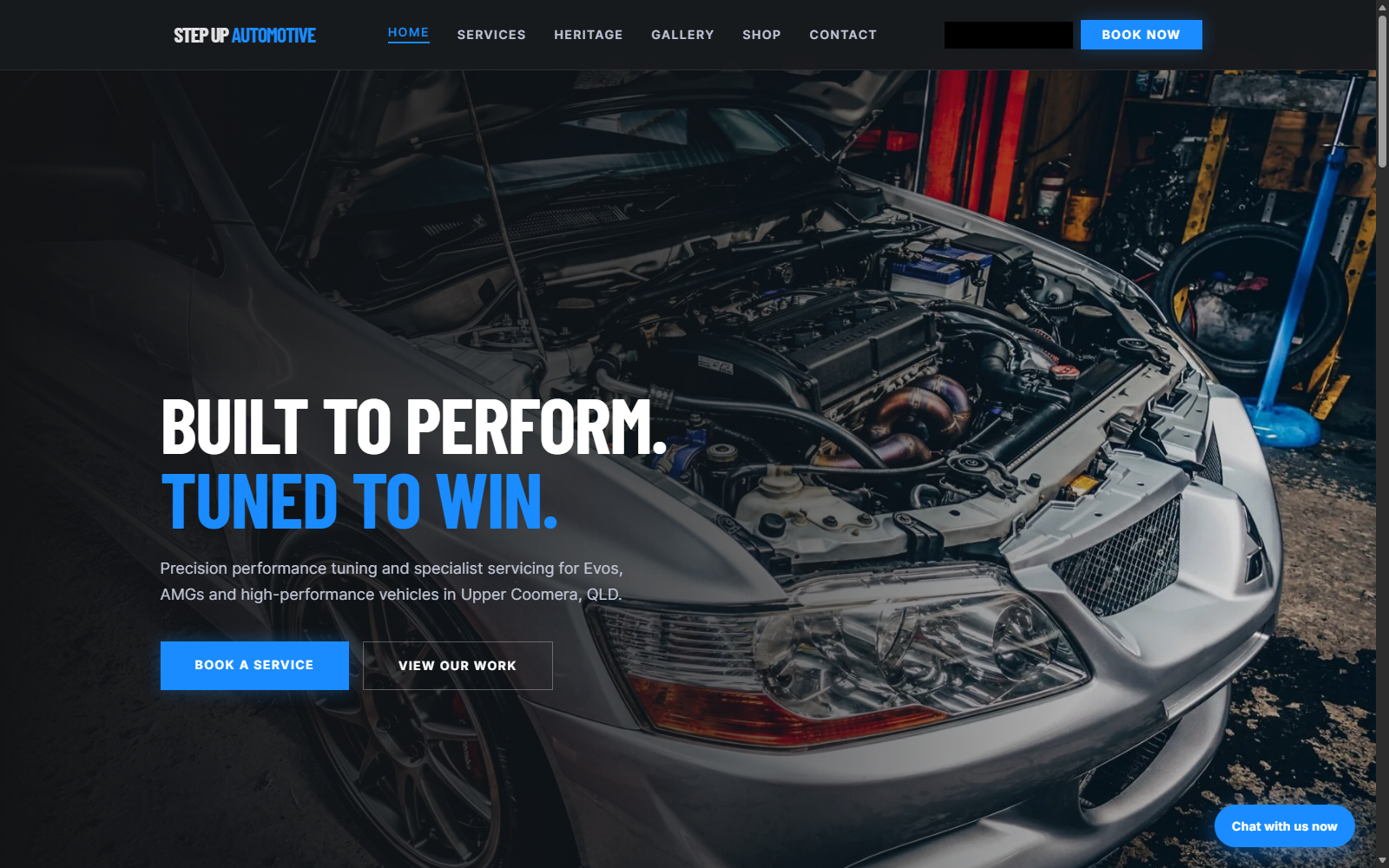 Step Up Automotive website homepage built by mast — dark performance-workshop design with hero headline and booking buttons